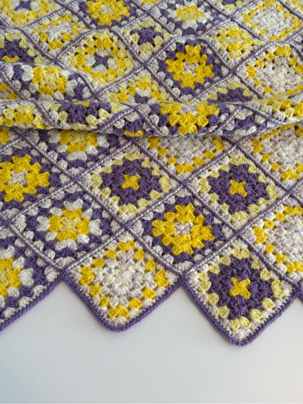 Vintage Crocheted Afghan Sofa Granny Squares Purple Yellow 50 X 80